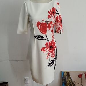 Ricki Freeman Teri Jon Scuba Dress Cream and Red Floral Long Sleeve Dress
